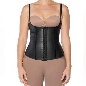Stellas Corset black latex corset boning adjustable straps hook and eye closure